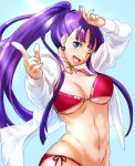  ;d alternate_hairstyle aoba_(smartbeat) arm_up bikini blue_background blue_eyes breasts choker cleavage cross earrings fate/grand_order fate_(series) hair_over_shoulder jacket jewelry large_breasts long_hair looking_at_viewer navel one_eye_closed open_clothes open_jacket open_mouth pink_bikini pinky_out pointing pointing_at_viewer ponytail purple_hair red_bikini saint_martha shading_eyes side-tie_bikini smile solo swimsuit very_long_hair 