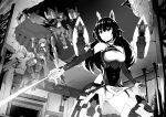  3girls absurdres agatsuma_kaede alice_gear_aegis animal_ears breasts building commentary english_commentary feet_out_of_frame fox_ears greyscale high_ponytail highleg highleg_leotard highres himukai_rin holding holding_polearm holding_sword holding_weapon indoors leotard long_hair mecha_musume mechanical_ears monochrome multiple_girls no_pants panties polearm ponytail ruins short_hair standing sudhiro_sappurisa sword takanashi_rei underwear weapon white_panties 