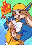 anthro areola baseball_cap big_breasts black_eyes black_nose bottomwear breasts buckteeth clothing dialogue empty_eyes eyelashes female flashing floppy_ears front_view hat headgear headwear hi_res how_to_be_cool kumoken lagomorph leporid looking_at_viewer lop_ears mammal nipple_piercing nipples one_breast_out open_mouth open_smile pants peeb_(piemations) piercing pink_areola pink_nipples rabbit smile solo speech_bubble teeth text whiskers wide_hips yellow_bottomwear yellow_clothing yellow_pants zipper