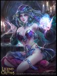  book breasts candle card cleavage copyright_name electricity green_hair highres legend_of_the_cryptids lipstick long_hair magic makeup midriff nail_polish official_art purple_eyes sitting solo veil yu-han_chen 