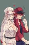  1boy 1girl aa-2153 belt blood bloody_clothes blue_eyes breasts cabbie_hat cako_(a_ben) chinese_commentary cleavage clothes_writing commentary_request glasses gloves grey_background hair_over_one_eye hat hataraku_saibou hataraku_saibou_black heart highres jacket no_bra pale_skin pocket red_blood_cell_(hataraku_saibou) red_jacket silver_hair simple_background smile twitter_username u-1196 white_blood_cell_(hataraku_saibou) white_gloves 
