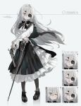  1girl black_pantyhose closed_mouth commission eyepatch green_eyes grey_hair gun hair_between_eyes handgun heterochromia highres holding holding_gun holding_weapon long_hair multiple_expressions open_mouth original pantyhose smile watakokyu weapon white_background yellow_eyes 
