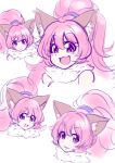  1girl animal_ears breasts cat_ears cat_girl fangs female happy long_hair looking_at_viewer multiple_views open_mouth perisie_(star_ocean) pink_hair ponytail ryoi shiny shiny_hair simple_background sketch smile star_ocean star_ocean_first_departure very_long_hair white_background 