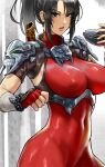  1girl arm_guards armor bodysuit breasts brown_eyes brown_hair commentary covered_navel english_commentary eu03 high_ponytail large_breasts long_hair looking_at_viewer ponytail red_bodysuit sheath shoulder_armor solo soulcalibur taki_(soulcalibur) 