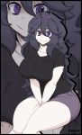  1girl @_@ ahoge artist_name breasts collarbone curvy headband hex_maniac_(pokemon) large_breasts long_hair looking_at_viewer negsus pokemon pokemon_(game) pokemon_xy purple_eyes purple_hair shirt shorts sitting smile solo thick_thighs thighs zoom_layer 