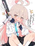  +++ 1girl :d ahoge ahoge_wag akatsuki_(ggsy7885) aqua_necktie arrow_(symbol) bare_legs beretta_1301 black_gloves black_skirt blue_archive blush brown_eyes commentary cosplay expressive_hair finger_to_mouth fingerless_gloves gloves gun hair_between_eyes halo heart highres hoshino_(blue_archive) hoshino_(blue_archive)_(cosplay) long_hair long_sleeves look-alike looking_at_viewer male-female_symbol necktie nose_blush onii-chan_wa_oshimai! open_mouth oyama_mahiro pink_hair pink_halo plaid_clothes plaid_skirt school_uniform shirt shotgun simple_background sitting skirt smile socks solo translated very_long_hair watermark weapon white_background white_shirt white_socks 