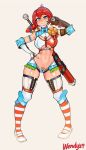  1girl armor blue_eyes breasts curvy full_body hand_on_waist large_breasts navel pose red_hair shoes solo stomach striped striped_legwear sword thick_thighs thighs twintails weapon wendy&#039;s wendy_(wendy&#039;s) white_shoes 
