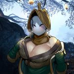  black_hair blush breasts cleavage commentary english_commentary for_honor highres japanese_clothes krekk0v large_breasts mask md5_mismatch nobushi_(for_honor) off_shoulder outdoors sleeves_past_wrists solo sweat upper_body 