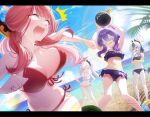  4girls alternate_costume arms_up aru_(blue_archive) ball bat_wings beach beachball bikini black_bikini black_hair black_horns blindfold blue_archive blue_sky blunt_bangs blush bomb bouncing_breasts breasts brown_eyes chieru_(pixiv_124058144) closed_eyes cloud commentary_request crossed_arms english_text explosive eyeliner fleeing food fruit fuse grey_hair grey_halo hair_between_eyes hair_ornament hairclip halo hands_on_own_hips happy haruka_(blue_archive) highres holding holding_bomb horns kayoko_(blue_archive) large_breasts long_hair low_wings makeup multicolored_hair multiple_girls mutsuki_(blue_archive) navel no_pupils ocean open_mouth outdoors petite problem_solver_68_(blue_archive) purple_bikini purple_halo raised_inner_eyebrows red_bikini red_eyeliner red_hair red_halo ring_of_light_(blue_archive) sand scared side_ponytail sidelocks sky sparks standing sweat sweatdrop swimsuit two-tone_hair very_long_hair water watermelon white_bikini white_hair wings worried 