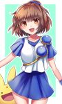  :d arle_nadja bangs blue_skirt blush breasts brown_hair carbuncle_(puyopuyo) collarbone cowboy_shot creature eyebrows_visible_through_hair hakusai_ponzu looking_at_viewer madou_monogatari medium_breasts miniskirt open_mouth orange_eyes ponytail puyopuyo short_hair short_sleeves shoulder_pads skirt smile solo 