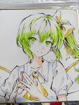 1girl absurdres ascot blue_vest bow closed_mouth commentary_request daiyousei fairy fairy_wings green_eyes green_hair hair_bow highres l0e9s29p long_hair looking_at_viewer photo_(medium) puffy_short_sleeves puffy_sleeves shikishi short_sleeves smile solo touhou traditional_media upper_body vest wings yellow_ascot yellow_bow 
