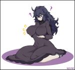  1girl ? ahoge artist_name breasts dress eyebrows_visible_through_hair headband hex_maniac_(pokemon) huge_breasts impossible_clothes kneeling long_dress long_hair long_sleeves messy_hair negsus pokemon pokemon_(game) purple_eyes purple_hair simple_background solo turtleneck turtleneck_dress white_background 