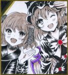  2girls :d ;d animal_ears arm_up bird_ears black_collar black_hat choujuu_gigaku collar commentary_request dog_ears hajike_akira hat highres kasodani_kyouko looking_at_viewer marker_(medium) multiple_girls mystia_lorelei one_eye_closed open_mouth shikishi short_hair smile touhou traditional_media upper_body wings 