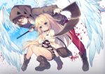  aqua_eyes bandage blonde_hair blood boots brown_hair choker hoodie isaac_foster long_hair male rachel_gardner satsuriku_no_tenshi scythe short_hair shorts utm weapon yellow_eyes 