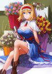  alice_margatroid arm_support blonde_hair blue_dress blue_eyes boots breasts brown_footwear capelet cleavage dress flower frilled_hairband frills hair_between_eyes hairband holding large_breasts neck_ribbon red_hairband red_ribbon ribbon short_hair sitting sleeveless sleeveless_dress smile solo strapless strapless_dress touhou vetina white_capelet 