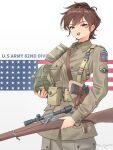  1girl 82nd_airborne absurdres american_flag ammunition_pouch blue_eyes brown_hair brown_jacket brown_pants chinese_commentary commentary english_commentary english_text flag_background gun handgun helmet highres historical_american_flag holding holding_gun holding_unworn_helmet holding_weapon holster invasion_of_normandy jacket leochan1202 looking_at_viewer m1911 m1_garand messy_hair military military_combat_uniform military_rank_insignia military_uniform mixed-language_commentary multilingual_commentary open_mouth original pants patch pouch rifle short_hair shoulder_holster shoulder_patch simple_background solo twitter_username unit_patch united_states_army unworn_headwear unworn_helmet weapon white_background world_war_ii 