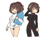  black_bodysuit black_swimsuit bodysuit breasts brown_eyes brown_hair commentary cowboy_shot hair_ribbon hand_in_hair hyuuga_(kantai_collection) ise_(kantai_collection) kantai_collection large_breasts looking_at_viewer open_mouth ponytail red_ribbon ribbon seshiya short_hair simple_background skin_tight smile swimsuit wetsuit white_background 