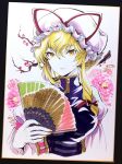  1girl blonde_hair bow branch commentary_request dress flower folding_fan hair_bow hand_fan hat hat_ribbon highres long_hair long_sleeves mob_cap pink_flower purple_tabard red_bow red_ribbon ribbon shikishi solo tabard touhou traditional_media tsubameyado upper_body white_dress white_hat yakumo_yukari yellow_eyes 