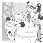 1:1 anal anthro bent_over_table canid canine canis disc_jockey domestic_dog duo electronics headphones hi_res male mammal monochrome music parappa parappa_the_rapper procyonid raccoon retromander sketch sony_corporation sony_interactive_entertainment stage