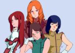  1980s_(style) 4girls aeug black_hair blue_background blue_eyes bodysuit breasts brown_hair cecily_fairchild christina_mackenzie closed_mouth commentary_request crossbone_vanguard earth_federation emma_sheen fa_yuiry faux_retro_artstyle gloves green_eyes gundam gundam_0080 gundam_f91 highres jacket long_hair looking_at_viewer mecha_pilot_suit medium_hair military_uniform multicolored_bodysuit multiple_girls normal_suit_(gundam) open_mouth orange_hair pgmajimaji red_bodysuit red_hair retro_artstyle science_fiction short_hair simple_background sleeveless smile upper_body white_bodysuit white_gloves yasuhiko_yoshikazu_(style) zeta_gundam 