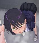  1girl 1other aroused bent_over black_hair black_skirt black_socks blue_jacket blush breasts commentary_request door_handle doorway drooling full_body gundam gundam_gquuuuuux hair_behind_ear hand_on_own_knee heavy_breathing highres hizikit jacket long_hair looking_at_viewer looking_up lower_eyelashes_only lower_teeth_only nyaan_(gundam_gquuuuuux) open_door open_mouth pov pov_doorway pov_hands saliva shirt shoes skirt small_breasts sneakers socks sweatdrop teeth white_shirt yellow_eyes 