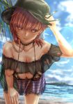  adapted_costume adjusting_clothes adjusting_hat bare_shoulders bikini black_bikini black_hat blush breasts chain choker cleavage collarbone commentary_request earrings frilled_skirt frills hand_on_headwear hanging_breasts hat hecatia_lapislazuli highres jewelry large_breasts leaning_forward legacy_of_lunatic_kingdom looking_at_viewer multicolored multicolored_clothes multicolored_skirt ocean off_shoulder palm_tree plaid plaid_skirt red_eyes red_hair see-through short_hair shounen_(hogehoge) skirt smile solo swimsuit touhou tree 