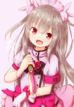  &gt;_&lt; :d armband bangs baram blush bow bunny_hair_ornament dress eyebrows_visible_through_hair fang gloves hair_between_eyes hair_ornament hat heart holding holding_knife knife light_brown_hair long_hair looking_at_viewer natori_sana nurse_cap open_mouth pink_background pink_bow pink_hat puffy_short_sleeves puffy_sleeves purple_dress red_eyes safety_pin sana_channel short_sleeves simple_background single_glove smile solo two_side_up very_long_hair virtual_youtuber white_gloves 