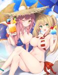  ahoge animal_ear_fluff animal_ears ball bangs bare_arms bare_shoulders beach beachball bikini blonde_hair blue_bikini blue_sky breasts brown_eyes chair cleavage cloud collarbone commentary_request criss-cross_halter crossed_legs cup day drink drinking_glass drinking_straw eyebrows_visible_through_hair fate/grand_order fate_(series) fox_ears fox_girl fox_tail green_eyes hair_between_eyes hair_intakes halterneck highres holding holding_cup large_breasts leaning_forward long_hair looking_at_viewer lounge_chair miko_92 multiple_girls navel nero_claudius_(fate)_(all) nero_claudius_(swimsuit_caster)_(fate) outdoors pink_hair sand side-tie_bikini sitting sky standing striped striped_bikini swimsuit tail tamamo_(fate)_(all) tamamo_no_mae_(swimsuit_lancer)_(fate) transparent twintails very_long_hair 