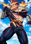  1boy abs armor bara beard biceps boku_no_hero_academia bulge collarbone covered_testicles endeavor_(boku_no_hero_academia) english_commentary erection erection_under_clothes facial_hair fiery_hair gauntlets highres male_focus maorenc muscular muscular_male pectorals red_hair scar scar_across_eye scar_on_face shoulder_armor smile superhero_costume torn_clothes 