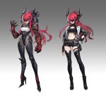  1girl above-cleavage_cutout absurdres arm_at_side armor belt black_belt black_boots black_gloves black_shorts black_thighhighs blindfold_mask bodysuit boots breasts brown_belt carbon_fiber chinese_commentary closed_mouth clothing_cutout commentary contrapposto fingerless_gloves floating_hair gloves gradient_background grey_background grey_belt groin hair_ornament hand_on_own_hip hand_up headgear high_heel_boots high_heels highres jacket long_hair mask multiple_belts multiple_views navel open_clothes open_jacket original pouch power_armor red_hair science_fiction short_shorts shorts simple_background small_breasts standing stomach thigh_belt thigh_boots thigh_pouch thigh_strap thighhighs turtleneck yunibobo 