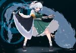  1girl absurdres alternate_breast_size_(larger) artist_name ascot black_ascot black_hairband black_shoes blue_eyes breasts collared_shirt commentary_request dual_wielding flower full_body glint green_skirt green_vest grey_hair hair_flower hair_ornament hairband highres hitodama hitodama_print holding holding_sword holding_weapon konpaku_youmu konpaku_youmu_(ghost) looking_at_viewer medium_breasts sheath shirt shoes skirt skirt_set socks solo sword tooya0130 touhou unsheathed unsheathing vest weapon white_shirt white_socks 