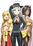  adjusting_clothes adjusting_hat adonis_belt ahoge armor bangs bikini_armor black_gloves black_hat black_pants blazer blonde_hair blush breasts brown_hair buttons cape character_name chinese_commentary cleavage cloba commentary_request cowboy_shot dark_skin edmond_dantes_(fate/grand_order) egyptian egyptian_clothes fate/grand_order fate_(series) fingerless_gloves genderswap genderswap_(mtf) gilgamesh gloves gold_trim grey_hair grin hand_on_hip hat highres jacket jewelry long_hair long_sleeves looking_at_viewer medium_breasts multiple_girls navel necklace open_mouth ozymandias_(fate) pants red_eyes red_neckwear shirt skin_tight small_breasts smile standing tattoo white_cape white_shirt yellow_eyes 