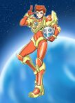  1boy android blue_assault_visor blue_eyes brown_hair chiisana_kyojin_microman:_uborg_senki_2010 commentary_request full_body hand_up helmet highres holding holding_unworn_helmet looking_at_viewer male_focus microman official_artist_extra oyomesandazo parted_lips planet salute shakunetsu_(microman) smile smirk solo space standing standing_on_one_leg star_(sky) two-finger_salute unworn_headwear unworn_helmet white_helmet 
