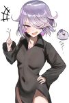 +++ 1girl absurdres black_dress breasts commentary cosplay dress english_commentary grey_hair highres hololive hololive_english koseki_bijou long_sleeves looking_at_viewer one-punch_man one_eye_covered pebble_(koseki_bijou) purple_eyes purple_hair short_hair side_slit simple_background solo tatsumaki tatsumaki_(cosplay) tomosakaaa virtual_youtuber white_background 