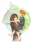  2boys 9twoeight age_difference arm_up barefoot belt black_jacket black_pants blue_belt blue_eyes blue_tunic brown_hair carrying carrying_person child commentary_request crossover dated fairy foliage green_tunic height_difference highres holding holding_umbrella hood hood_down hooded_jacket jacket jewelry kingdom_hearts kingdom_hearts_iv korean_commentary link male_focus multiple_boys navi necklace nintendo_direct open_mouth orange_hair pants pendant pointy_ears reaching shirt smile sora_(kingdom_hearts) teeth the_legend_of_zelda the_legend_of_zelda:_ocarina_of_time tunic umbrella upper_teeth_only watch white_background white_shirt wristwatch young_link 