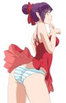  ass bare_shoulders bow breasts caisamax dress frilled_skirt frills from_side gegege_no_kitarou hair_bow hair_bun highres looking_at_viewer nekomusume panties paw_pose pointy_ears purple_hair red_bow red_dress simple_background skirt smile solo striped striped_panties underwear upskirt white_background wind wind_lift yellow_eyes 