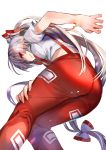  absurdres amamitsu_kousuke ass bare_arms bow breasts feet_out_of_frame fire from_below fujiwara_no_mokou hair_bow hand_on_thigh highres leaning_forward long_hair looking_at_viewer medium_breasts midriff_peek ofuda pants ponytail red_eyes red_pants shirt short_sleeves silver_hair simple_background sketch smile solo suspenders torn_clothes torn_shirt torn_sleeves touhou very_long_hair white_background white_bow white_shirt 