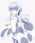  blue_eyes blue_hair commentary_request covered_navel covered_nipples danpu dress flat_chest grey_background grey_legwear gundam gundam_build_divers hair_intakes highres long_hair pantyhose sara_(gundam_build_divers) simple_background sleeveless sleeveless_dress solo white_dress wind wind_lift 