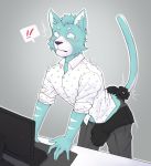  anthro blue_fur blush cat clothed clothing computer disembodied_hand feline fur grope husdingo keyboard male mammal monitor pink_eyes shirt simple_background solo_focus standing teasing 