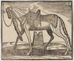 1582 16th_century absurd_res ambiguous_feral ambiguous_gender ancient_art bound dated detailed_background equid equine feral halter hatching_(art) hi_res hooves horse leash mammal mane melchior_lorck monochrome outside public_domain quadruped saddle shaded side_view signature solo standing stirrups tail tassels traditional_media_(artwork) unguligrade