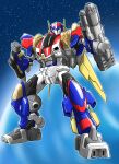  arm_mounted_weapon cannon chiisana_kyojin_microman:_uborg_senki_2010 clenched_hands commentary_request full_body highres looking_at_viewer mecha mecha_focus microman official_artist_extra oyomesandazo planet radio_antenna robot robotman_dean solo space standing star_(sky) yellow_eyes 