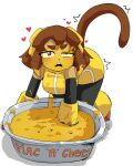 2026 4:5 absurd_res all_fours anthro armwear black_bottomwear black_clothing bottomwear breasts brown_eyebrows brown_hair brown_tail cheese cheese_covered cheese_in_hair clothed clothed_anthro clothed_female clothing dairy_products digital_drawing_(artwork) digital_media_(artwork) domestic_cat eye_through_hair eyebrows eyewear eyewear_on_head felid feline felis female female_anthro food footwear gameoverse glitch_productions goggles goggles_on_head hair heart_symbol hi_res humor kit_bodega macaroni macaroni_and_cheese mammal mottitax open_mouth orange_text pasta simple_background solo tail teeth text topwear translucent translucent_hair whiskers white_background yellow_clothing yellow_eyewear yellow_footwear yellow_goggles yellow_topwear