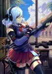  1girl ammunition assault_rifle black_gloves breasts english_commentary fingerless_gloves frilled_skirt frills girls'_frontline glock gloves grey_hair gun h&amp;k_hk416 hair_between_eyes hair_ribbon handgun headset highres holding holding_gun holding_weapon holster ichi_illust001 large_breasts long_hair miniskirt pleated_skirt pump_action red_skirt reloading ribbon rifle shotgun shotgun_shell skirt smile solo spas-12 spas-12_(girls'_frontline) thigh_holster thigh_strap twintails weapon white_hair 