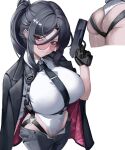  1girl absurdres ass black_gloves black_hair black_jacket black_necktie breasts closed_mouth collared_leotard covered_navel e.h._(junkyard_vanguard)_(nikke) e.h._(nikke) frown glasses gloves goddess_of_victory:_nikke grey_pants gun half_gloves handgun harness high_ponytail highleg highleg_leotard highres holding holding_gun holding_weapon huge_breasts jacket jacket_on_shoulders leotard leotard_under_pants long_hair looking_at_viewer multiple_views necktie official_alternate_costume open_fly pants ponytail round_eyewear simple_background small_chair_(xiaosaiyi33818) thighs unworn_jacket very_long_hair weapon white_background white_leotard 