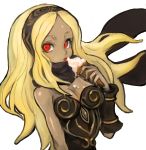  bare_shoulders blonde_hair breasts dakusuta dark_skin eating food gravity_daze hairband highres ice_cream ice_cream_cone kitten_(gravity_daze) long_hair looking_at_viewer red_eyes scarf solo tan vambraces 