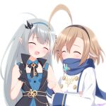  2girls ahoge antenna_hair black_gloves blue_dress blue_scarf brown_hair buttons cassis_(orleans13x) closed_eyes clothing_cutout commentary_request double-breasted dress elf expressive_hair female_tyrant_(stella_sora) firefly_(stella_sora) gloves grey_hair hair_between_eyes heart heart_ahoge highres huge_ahoge long_hair long_sleeves looking_at_viewer multiple_girls open_mouth pointy_ears scarf short_hair side_cutout simple_background smile stella_sora tyrant_(stella_sora) upper_body very_long_hair white_background 