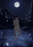 absurd_res ambiguous_gender androgynous athletic back_muscles bare_skin big_butt black_sclera blue_eyes butt caucasian colored digital_media_(artwork) digital_painting_(artwork) dynamic_lighting forest_background full-length_portrait full_moon glowing glowing_eyes hair hand_on_hip hi_res humanoid lake light looking_at_viewer looking_back lucidarts0 markings_on_body moon moonlight nature_spirit night nonbinary_(lore) not_furry nude on_one_leg outside painterly painting_(artwork) partially_submerged pointy_ears portrait purple_hair rear_view reeds shaded sky solo standing standing_in_water star starry_sky thick_thighs water wilderness