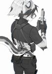 anthro arm_tuft back_tattoo black_highlights bottomwear butt capcom cheetah clothed clothing cosplay crop_top digital_media_(artwork) ear_markings felid feline fingerless_gloves fur gloves greyscale gun hair handgun handwear harness hi_res highlights_(coloring) holding_gun holding_handgun holding_object holding_pistol holding_ranged_weapon holding_weapon king_cheetah koda_walker legwear male mammal markings monochrome panties pants pistol pistol_holster ponytail ranged_weapon resident_evil shirt signature simple_background solo spots spotted_body spotted_fur tail tattoo topwear tuft underwear watermark weapon white_hair wy_(yebjiwara)