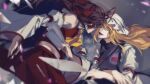  2girls arms_under_breasts ascot brown_hair card chest_sarashi chinese_commentary commentary_request cowboy_shot crossed_arms detached_sleeves dress dynamic_pose film_grain floating_hair forehead-to-forehead frilled_hair_tubes frills gohei hair_tubes hakurei_reimu hat heads_together highres holding holding_card holding_gohei long_hair looking_ahead looking_at_another midriff mob_cap multiple_girls open_mouth purple_eyes purple_tabard red_shirt red_skirt sarashi shirt shouzuo sidelocks skirt sleeveless sleeveless_shirt smile tabard touhou upper_body white_dress white_hat white_sleeves yakumo_yukari yellow_ascot 