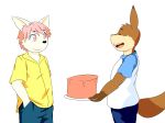  2017 absurd_res anthro biped birthday black_nose brown_fur cake canine clothed clothing danny_(funnybox) dipstick_ears duo eyebrows_visible_through_hair eyes_closed fennec food fox fully_clothed funnybox fur gift gloves_(marking) hair hands_in_pockets happy hi_res holding_food holding_object hybrid lagomorph male mammal markings multicolored_fur null_(nefariousnull) open_mouth open_smile pants pink_eyes pink_hair pink_nose plate rabbit shirt simple_background smile standing white_background white_fur 